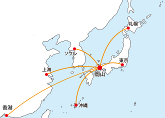 岡山空港の路線図